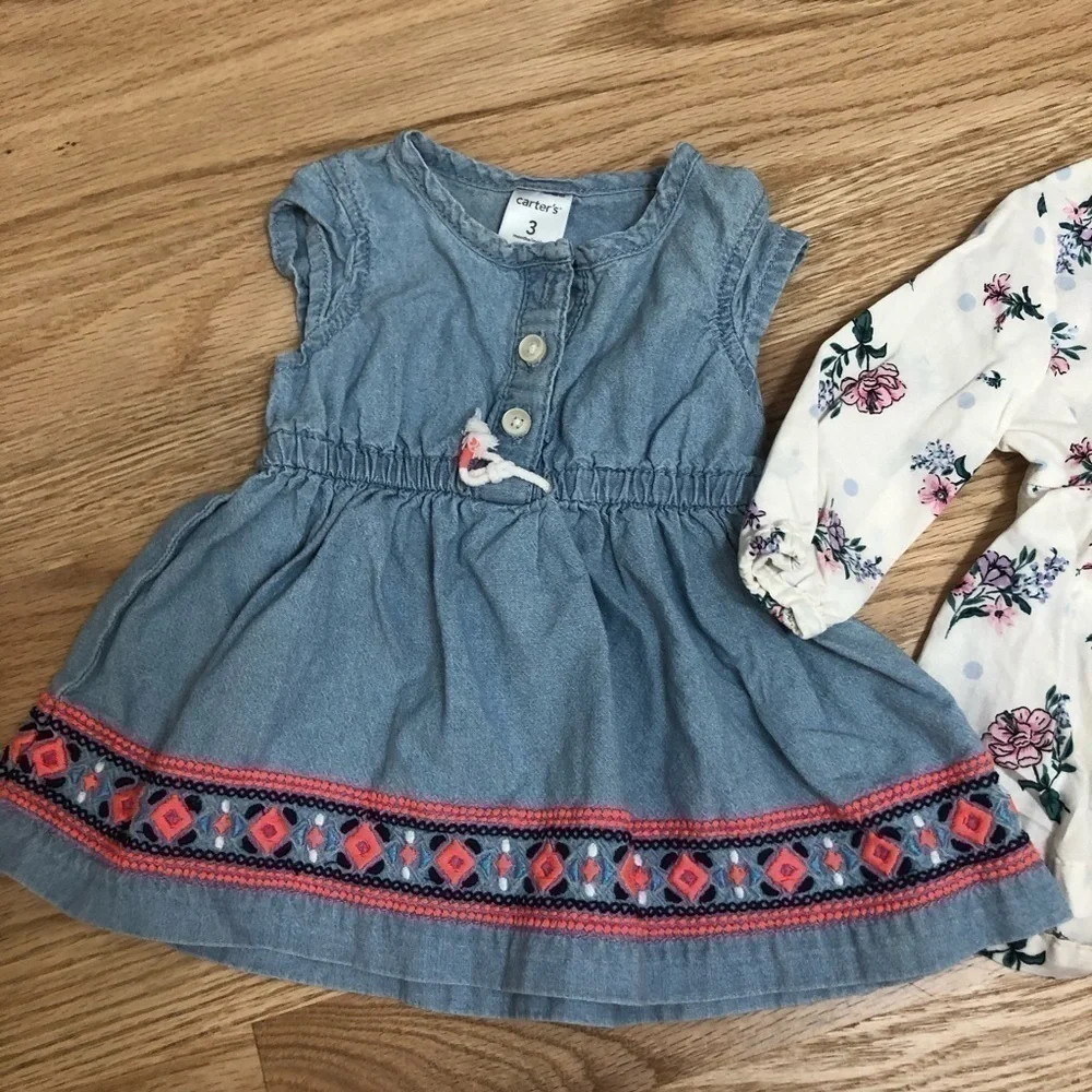 Carter’s Bundle Denim Embroidered Dress 3 mos Baby Girl Long Sleeve Boho Top